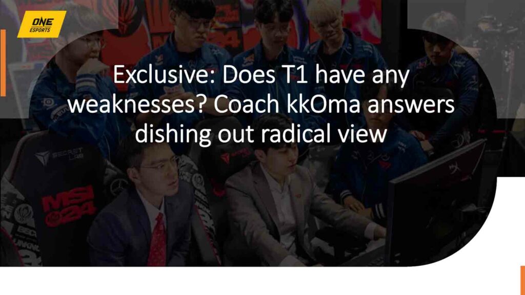 T1 players, head coach kkOma, and coach Tom reviewing a game at MSI 2024 Play-In stage in ONE Esports featured image for article "Exclusive: Does T1 have any weaknesses? Coach kkOma answers dishing out radical view"